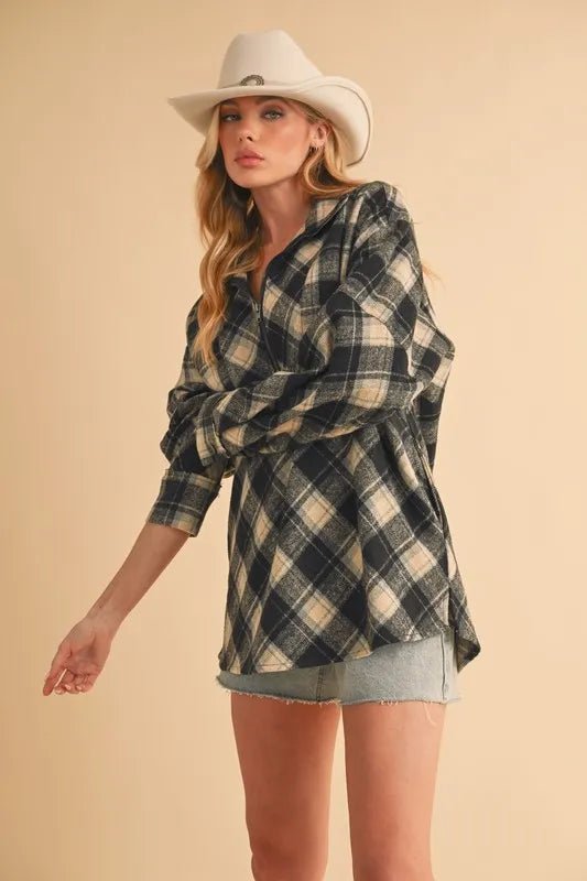 AEMI+CO - Black & Beige Plaid Half - Zip Pullover