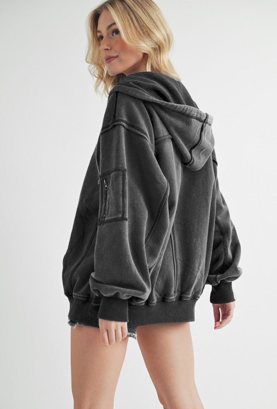 AEMI+CO - Black Exposed Seams Zip Up Hooded Jacket