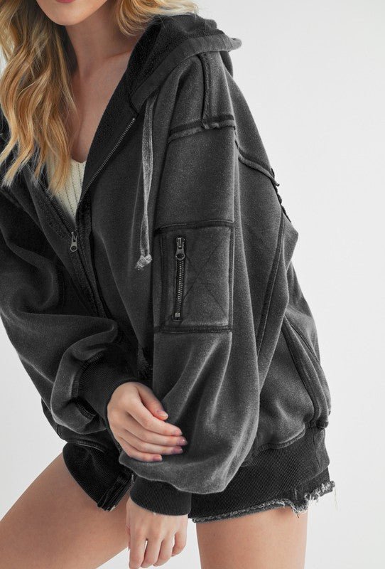 AEMI+CO - Black Exposed Seams Zip Up Hooded Jacket