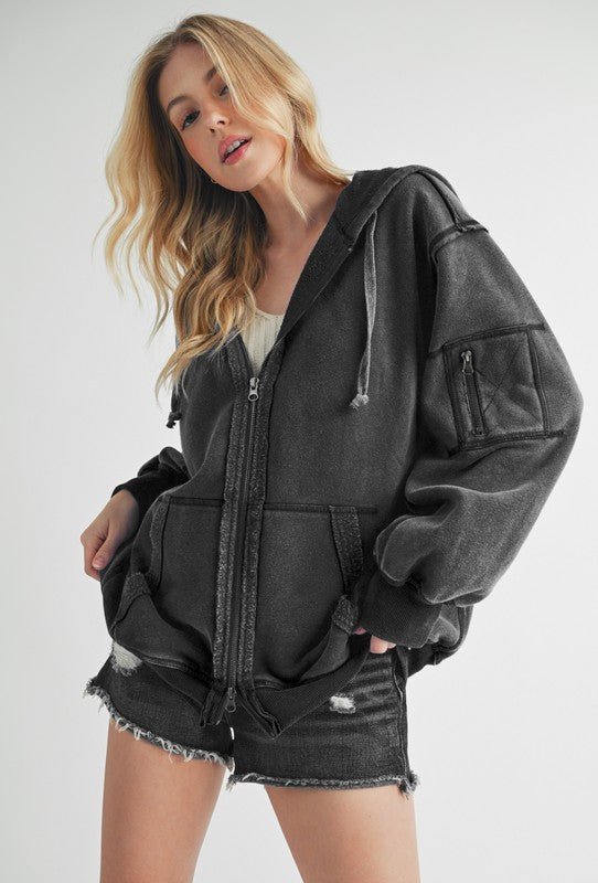 AEMI+CO - Black Exposed Seams Zip Up Hooded Jacket