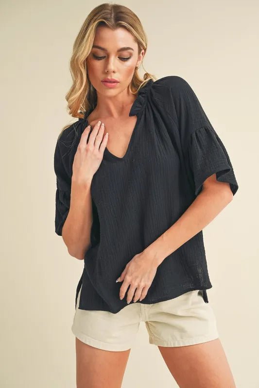 AEMI+CO - Black Gauze Flutter Sleeve Top