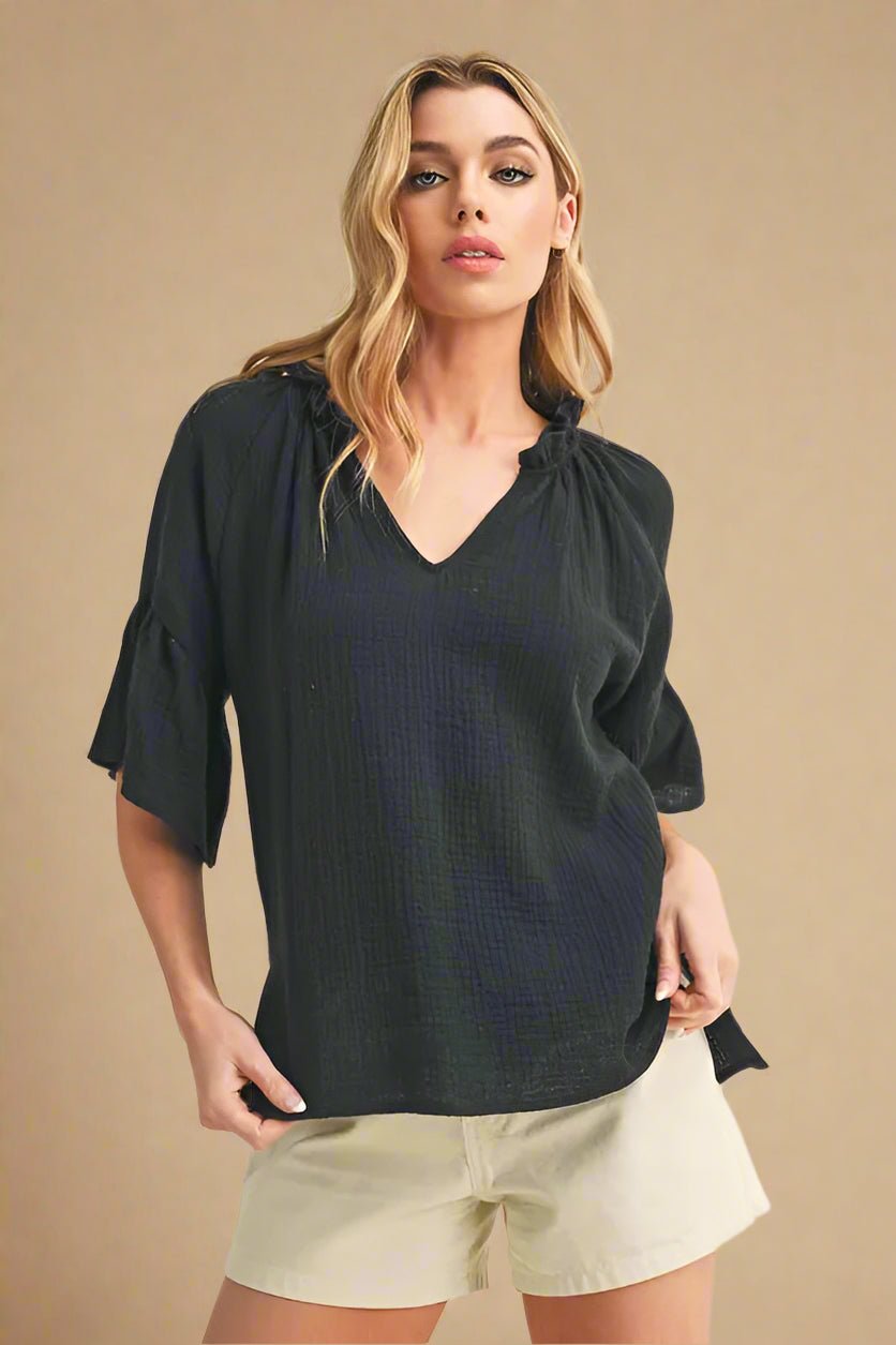 AEMI+CO - Black Gauze Flutter Sleeve Top