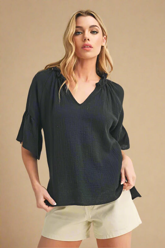 AEMI+CO - Black Gauze Flutter Sleeve Top