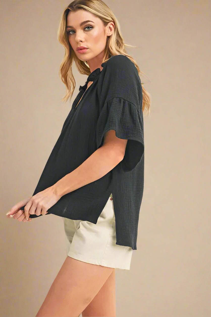 AEMI+CO - Black Gauze Flutter Sleeve Top