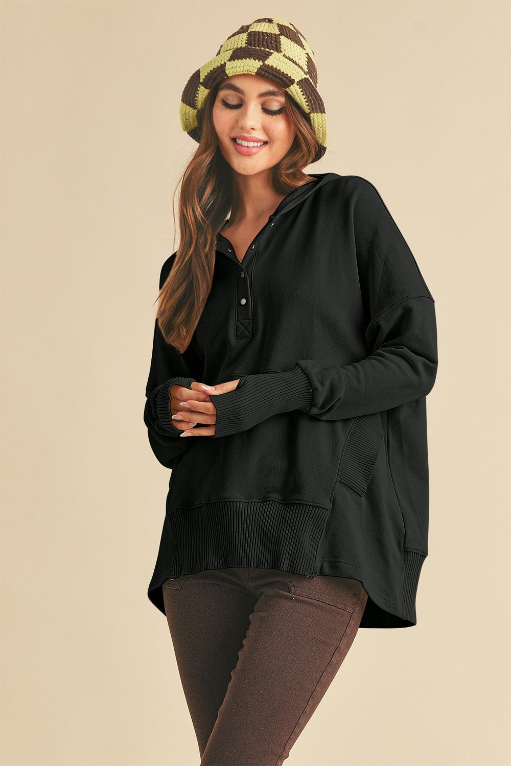 AEMI+CO - Black Half Snap Dropped Shoulder Hoodie