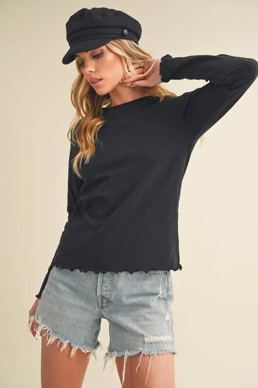 AEMI+CO - Black Lettuce Hem Long Sleeve Tee