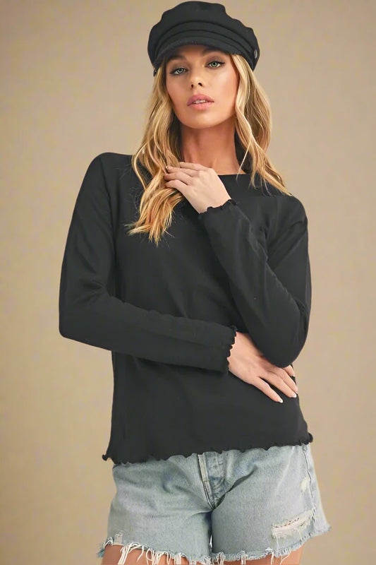 AEMI+CO - Black Lettuce Hem Long Sleeve Tee