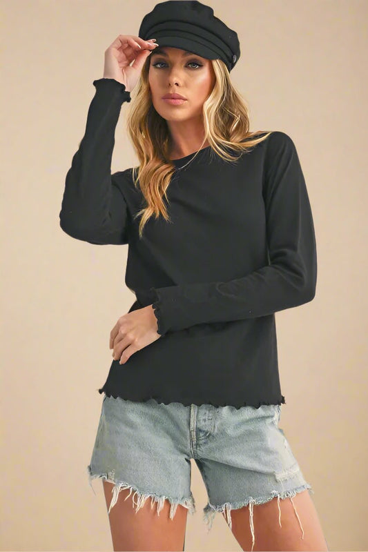 AEMI+CO - Black Lettuce Hem Long Sleeve Tee