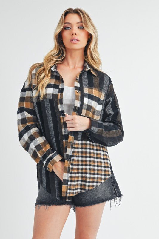 AEMI+CO - Black Plaid Curved Hem Button Up Shirt