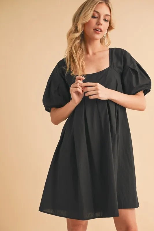 AEMI+CO - Black Pleated Puff Sleeve Babydoll Mini Dress