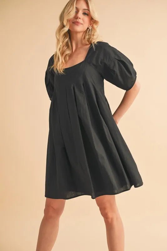 AEMI+CO - Black Pleated Puff Sleeve Babydoll Mini Dress