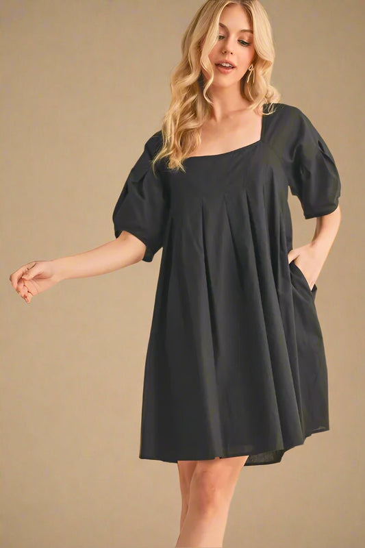 AEMI+CO - Black Pleated Puff Sleeve Babydoll Mini Dress