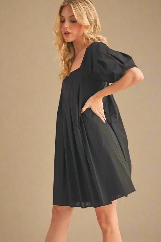 AEMI+CO - Black Pleated Puff Sleeve Babydoll Mini Dress