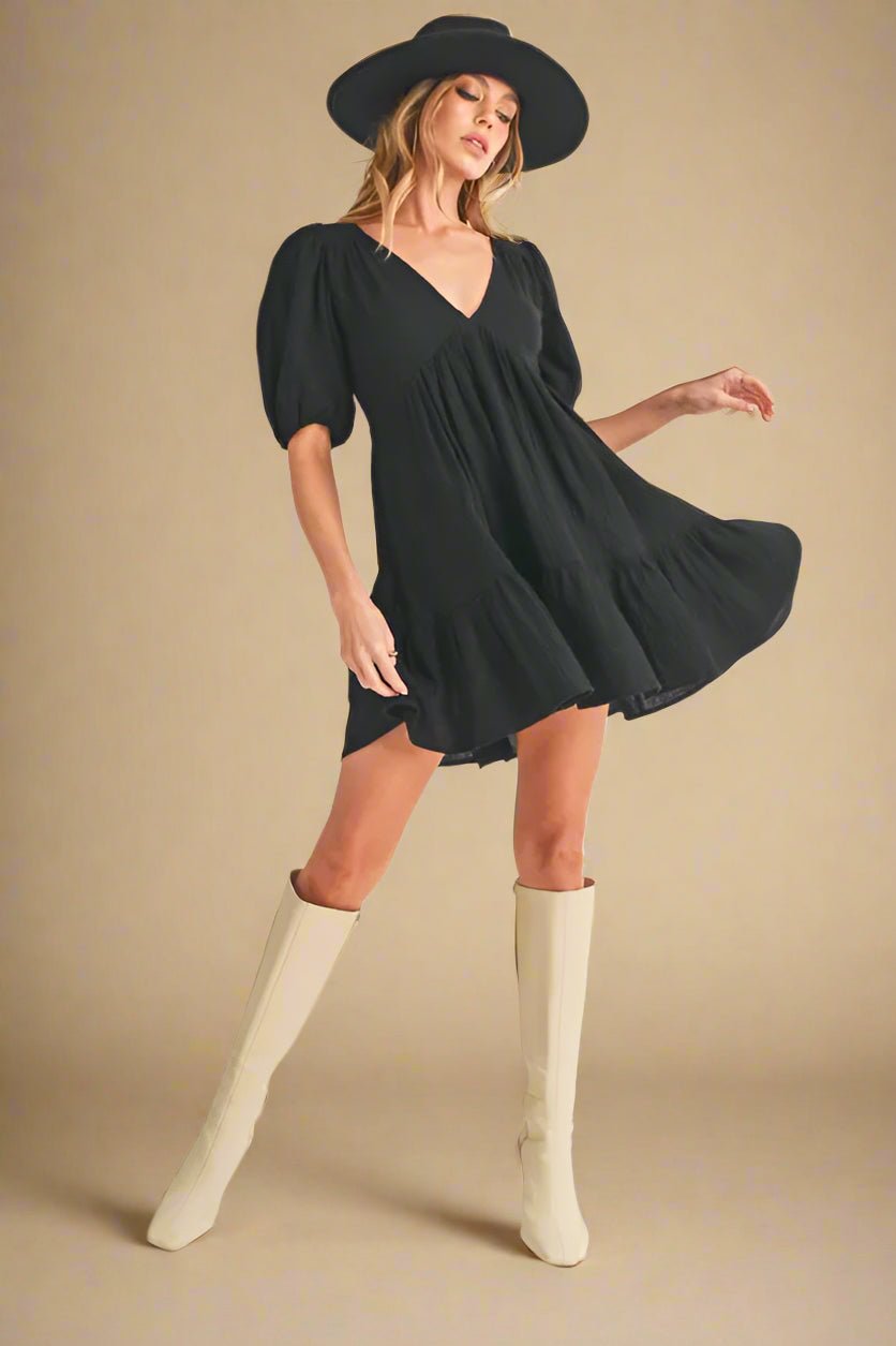 AEMI+CO - Black Puff Sleeve Babydoll Mini Dress