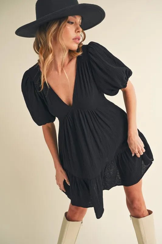 AEMI+CO - Black Puff Sleeve Babydoll Mini Dress