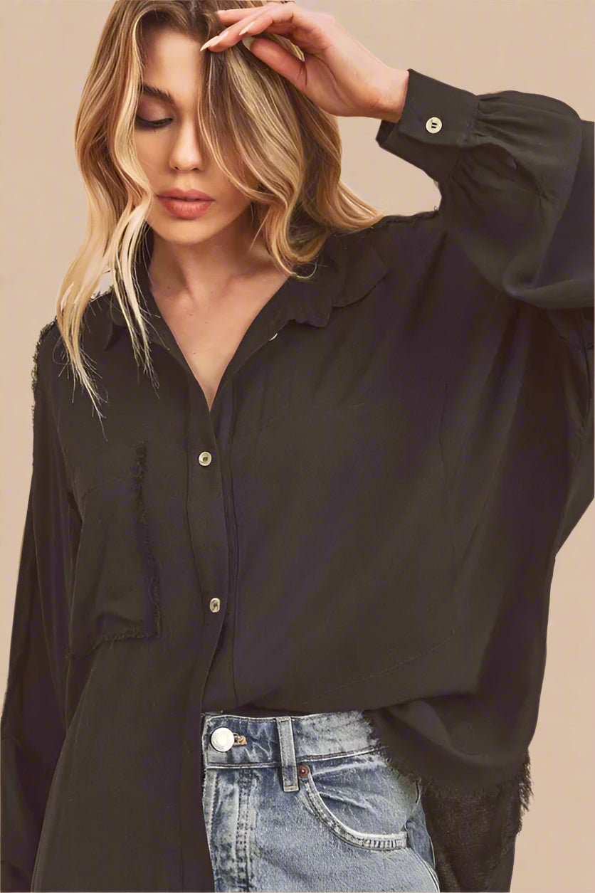 AEMI+CO - Black Raw Edge Button - Up Shirt