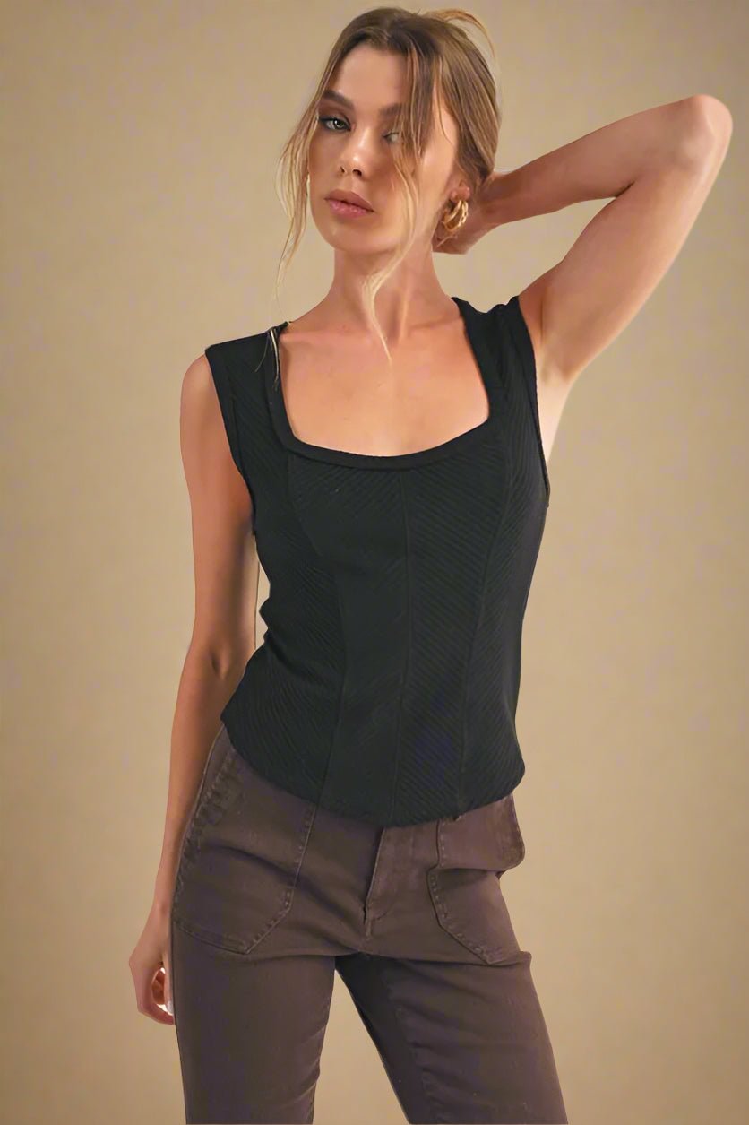 AEMI+CO - Black Ribbed Square Neck Tank