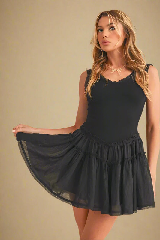 AEMI+CO - Black Ruffle Trim Mini Dress