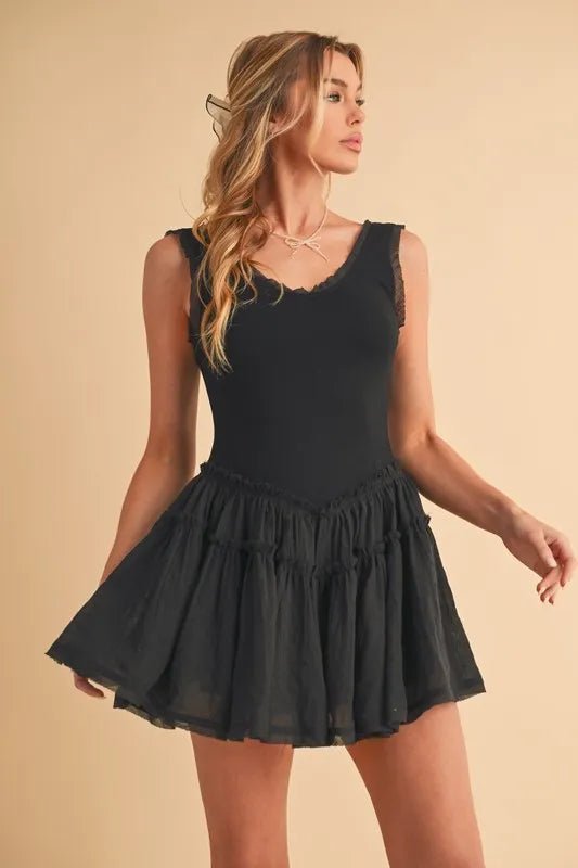 AEMI+CO - Black Ruffle Trim Mini Dress
