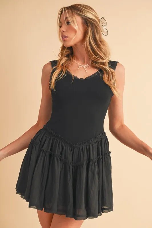 AEMI+CO - Black Ruffle Trim Mini Dress