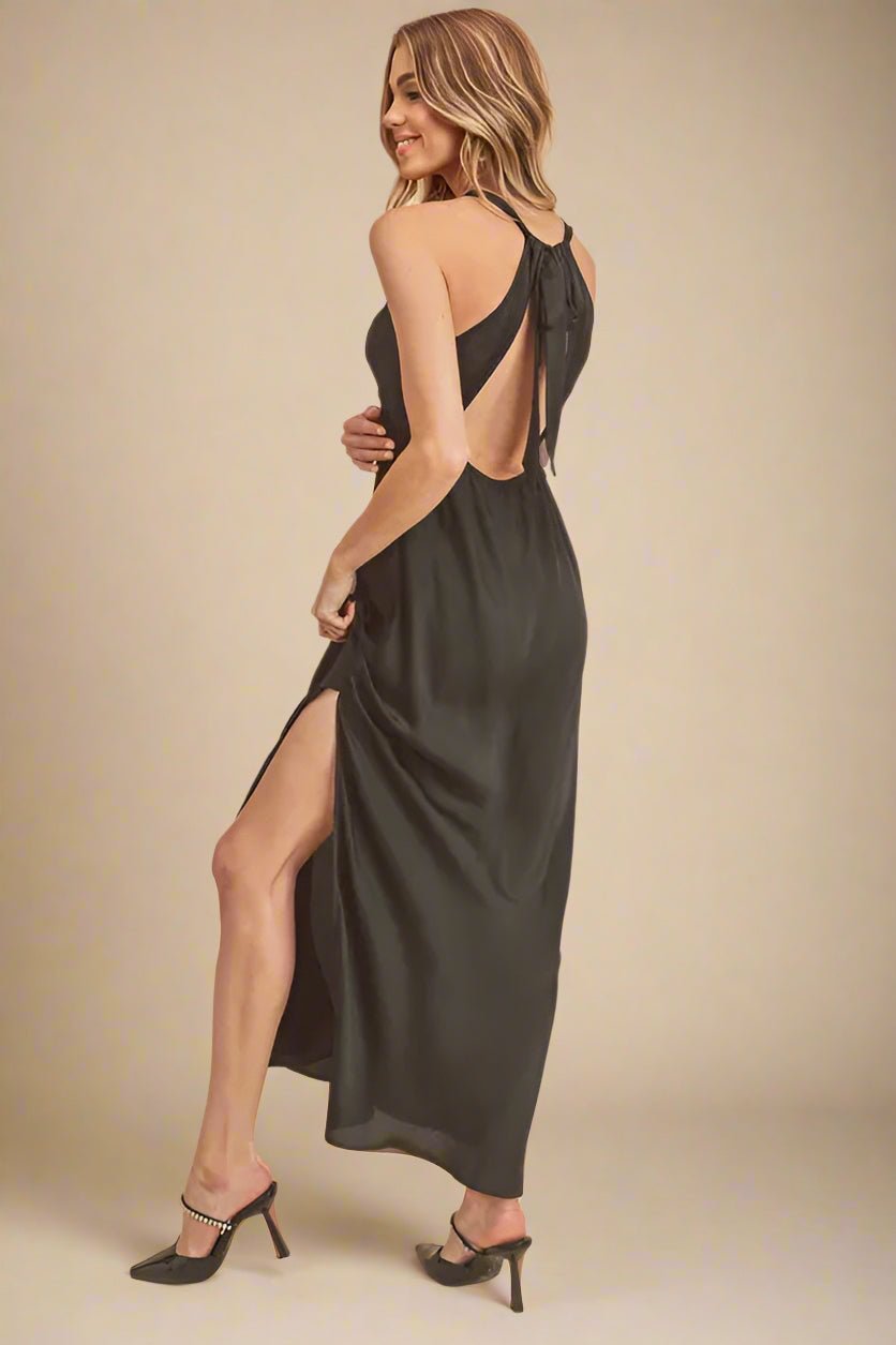 AEMI+CO - Black Satin Open - Back Maxi Dress