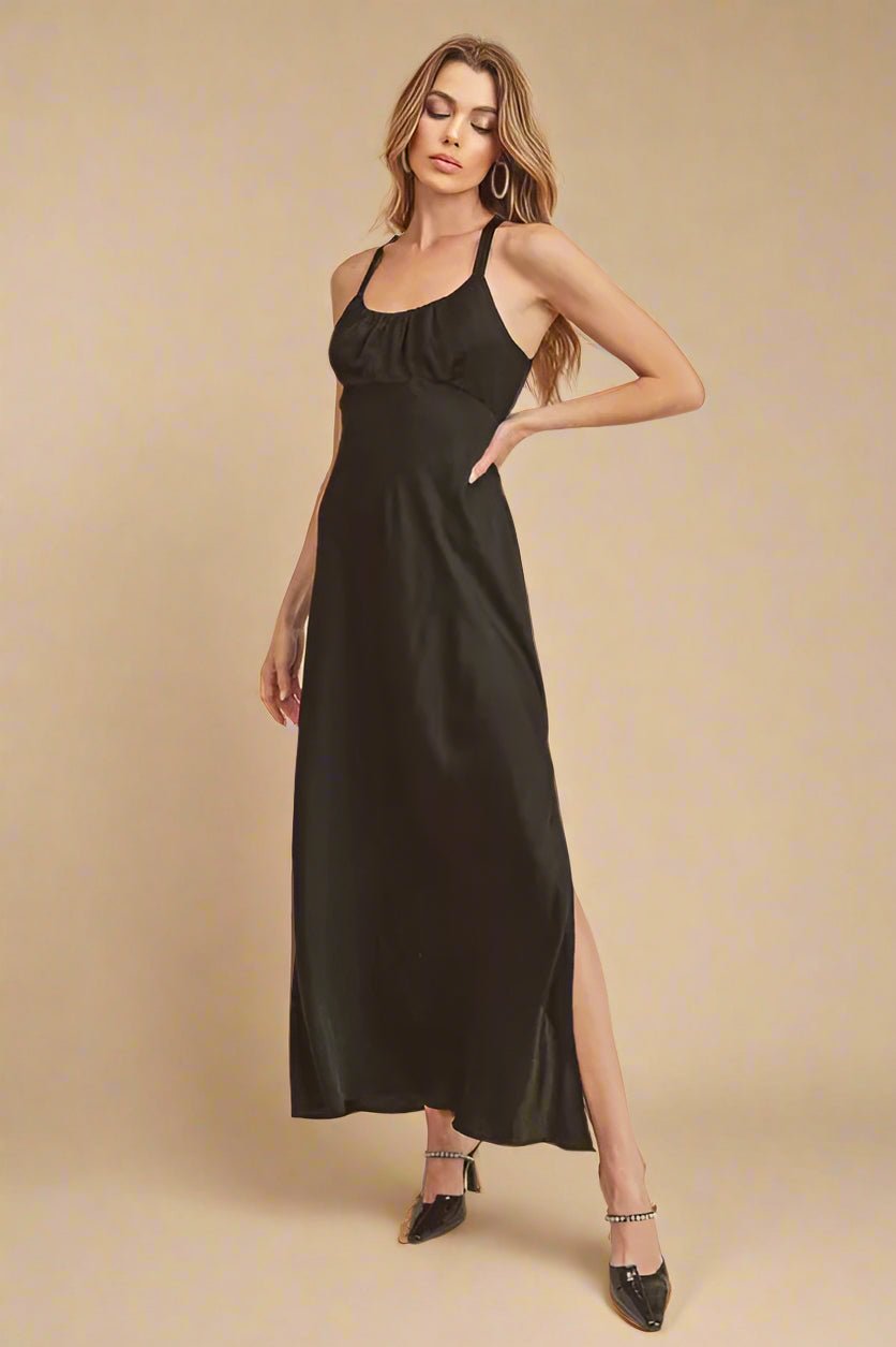 AEMI+CO - Black Satin Open - Back Maxi Dress