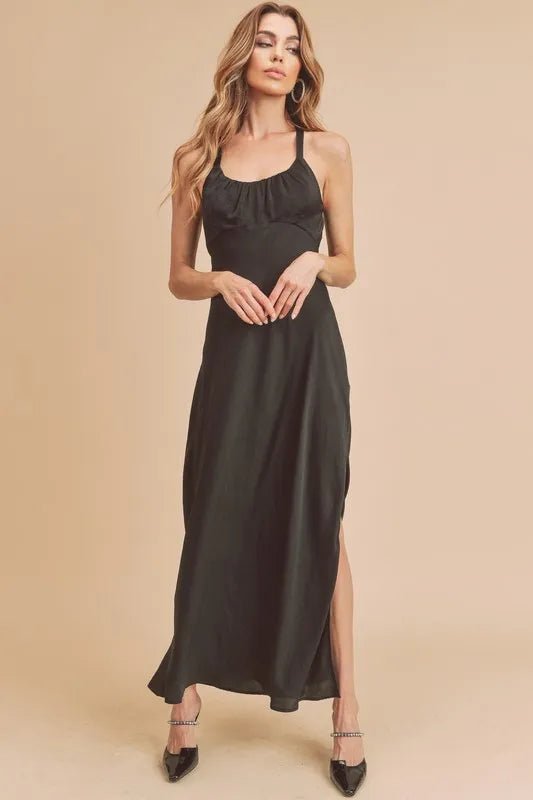AEMI+CO - Black Satin Open - Back Maxi Dress