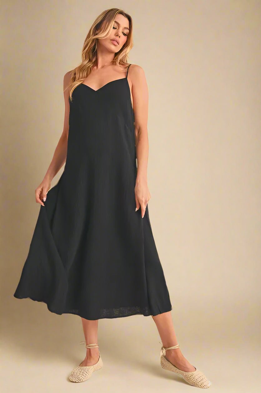 AEMI+CO - Black Side Button Lace - Up Midi Dress