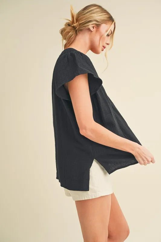 AEMI+CO - Black Smocked Gauze Flutter Sleeve Top