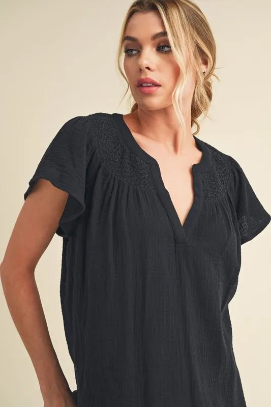 AEMI+CO - Black Smocked Gauze Flutter Sleeve Top