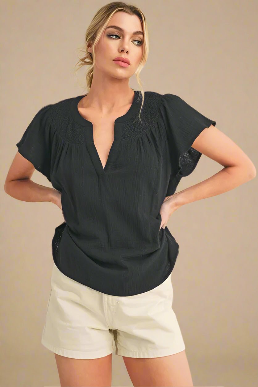 AEMI+CO - Black Smocked Gauze Flutter Sleeve Top