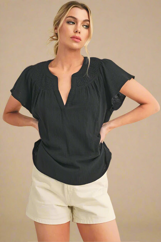 AEMI+CO - Black Smocked Gauze Flutter Sleeve Top
