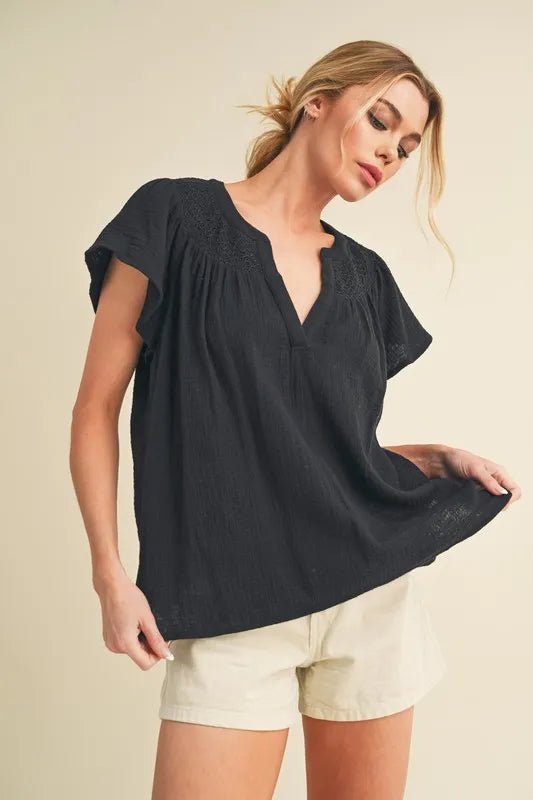 AEMI+CO - Black Smocked Gauze Flutter Sleeve Top