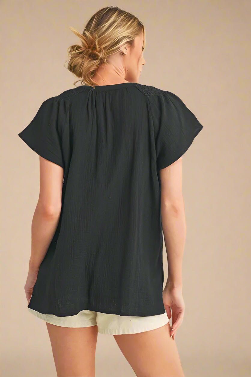 AEMI+CO - Black Smocked Gauze Flutter Sleeve Top