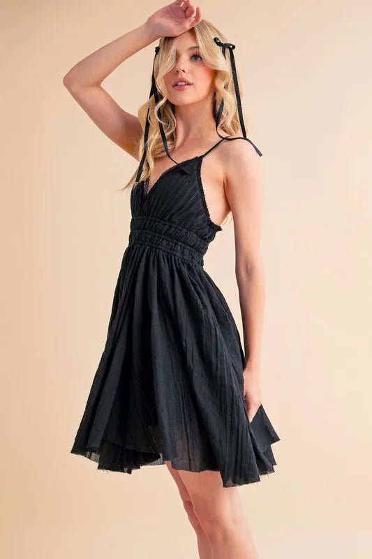 AEMI+CO - Black Smocked Lace Trim Mini Dress