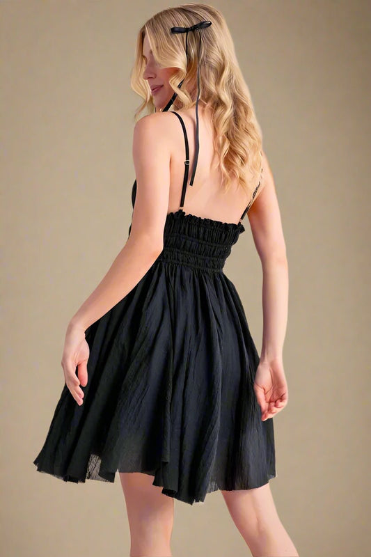 AEMI+CO - Black Smocked Lace Trim Mini Dress