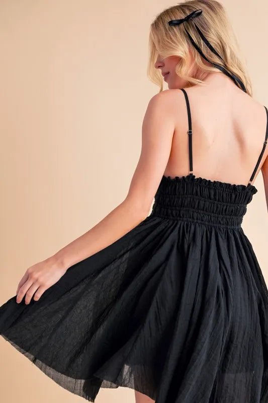 AEMI+CO - Black Smocked Lace Trim Mini Dress