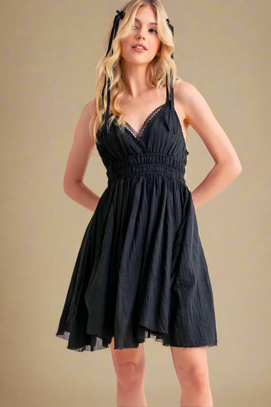 AEMI+CO - Black Smocked Lace Trim Mini Dress