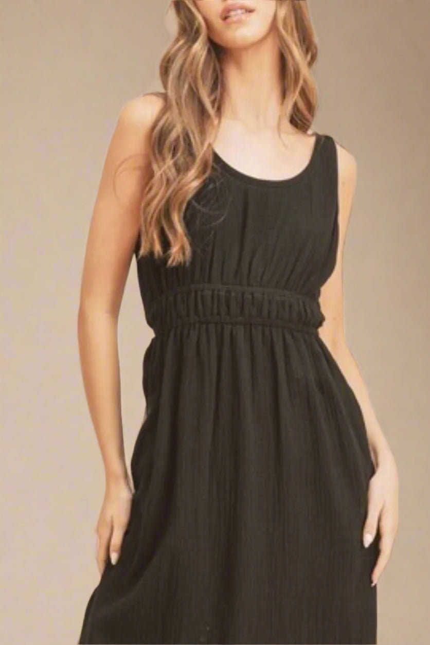 AEMI+CO - Black Smocked Waist Midi Dress