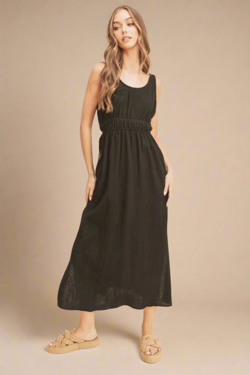 AEMI+CO - Black Smocked Waist Midi Dress