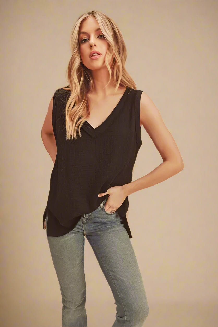 AEMI+CO - Black Textured V - Neck Tank Top