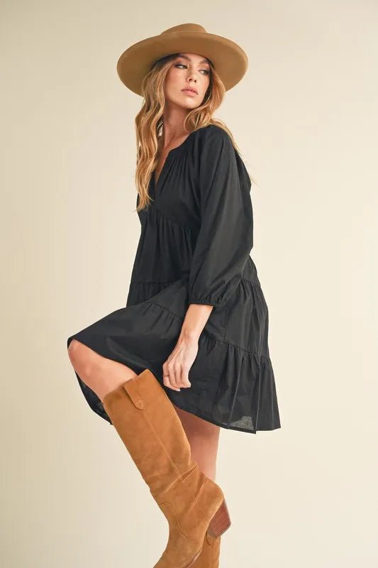 AEMI+CO - Black Tiered Poplin Mini Dress