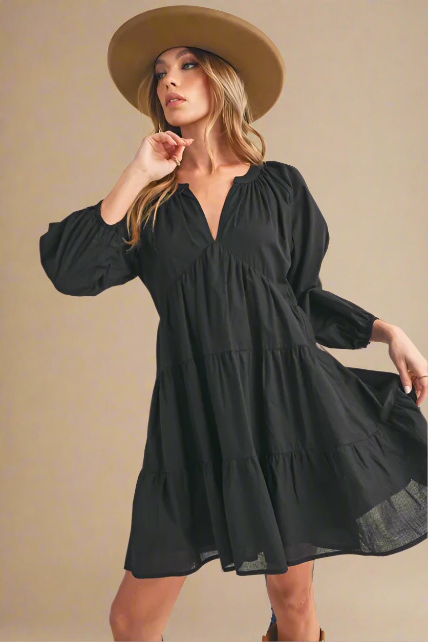 AEMI+CO - Black Tiered Poplin Mini Dress
