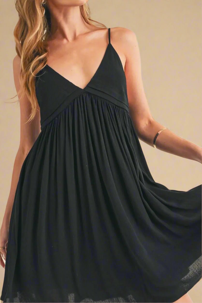 AEMI+CO - Black V - Neck Babydoll Mini Dress