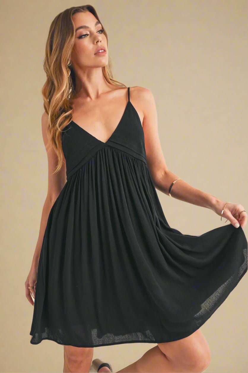 AEMI+CO - Black V - Neck Babydoll Mini Dress