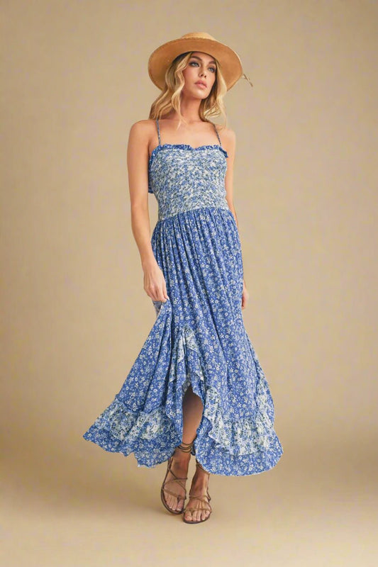 AEMI+CO - Blue Mixed Floral Ruffle Maxi Dress
