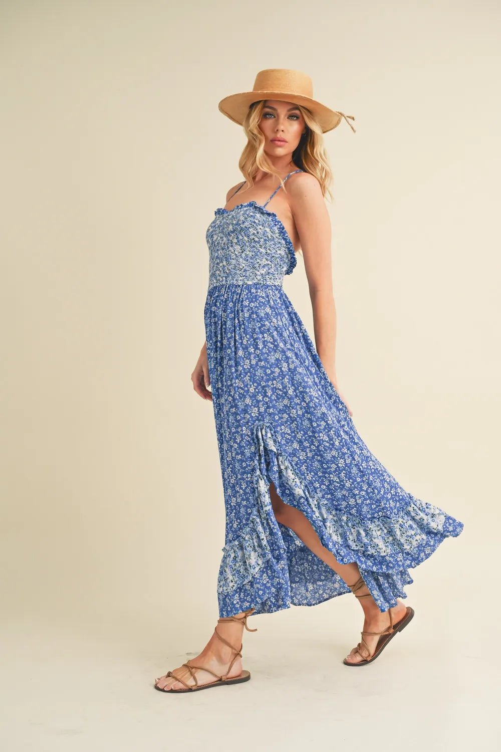 AEMI+CO - Blue Mixed Floral Ruffle Maxi Dress