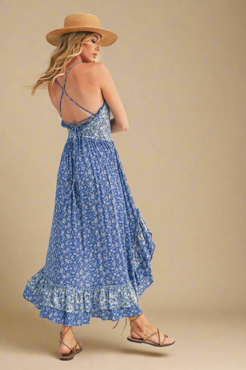 AEMI+CO - Blue Mixed Floral Ruffle Maxi Dress
