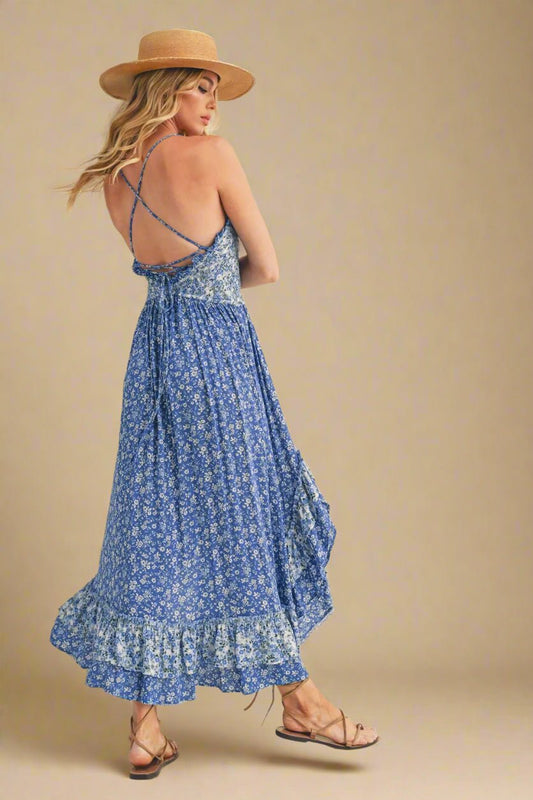 AEMI+CO - Blue Mixed Floral Ruffle Maxi Dress