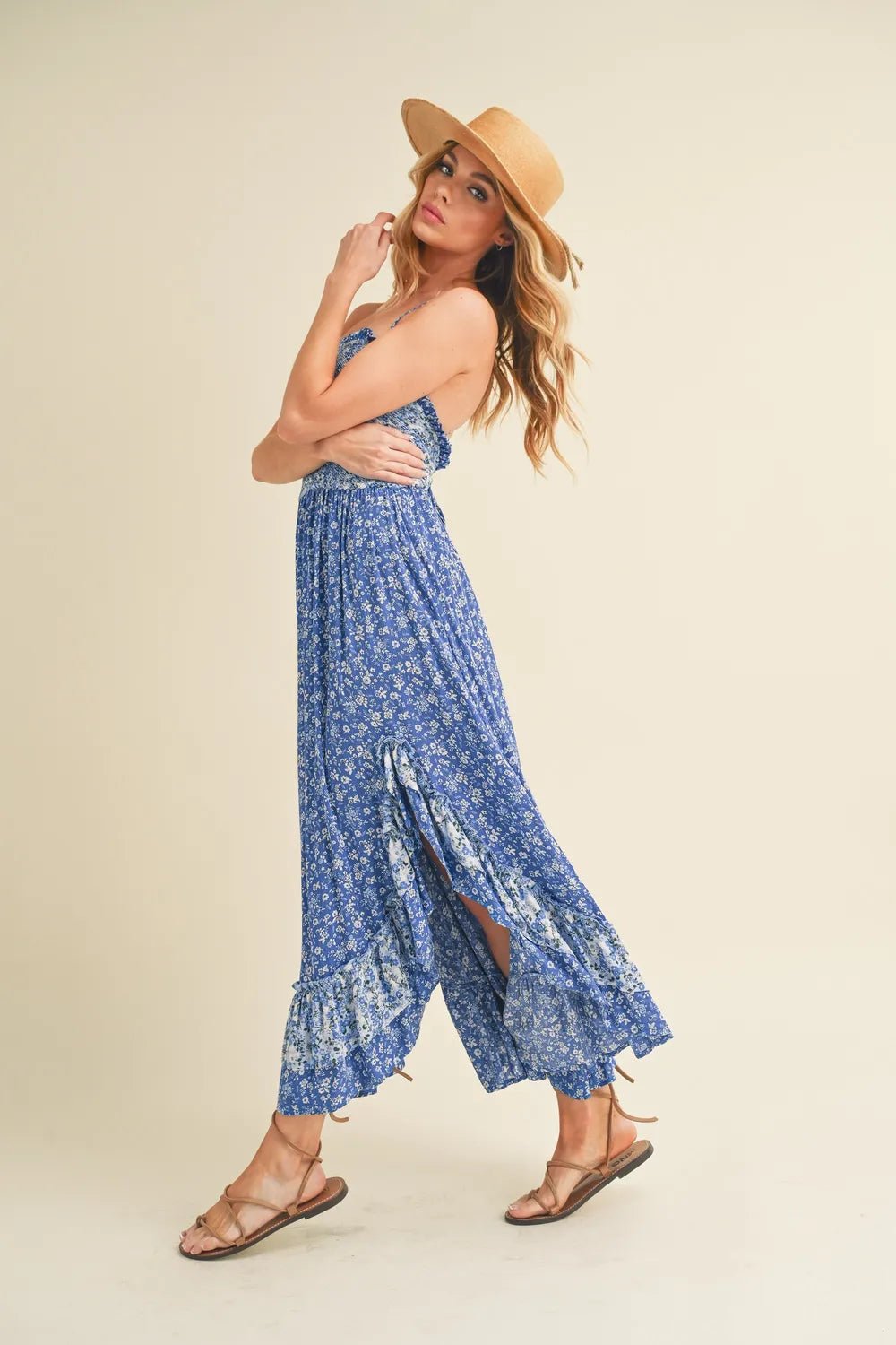 AEMI+CO - Blue Mixed Floral Ruffle Maxi Dress